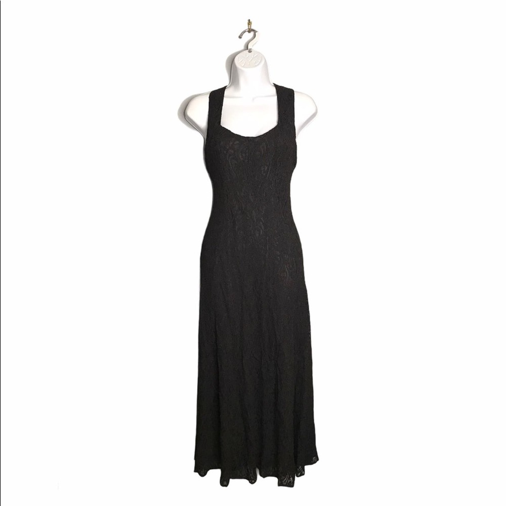 Vintage | Black Lace Sleeveless Maxi Dress Cross •